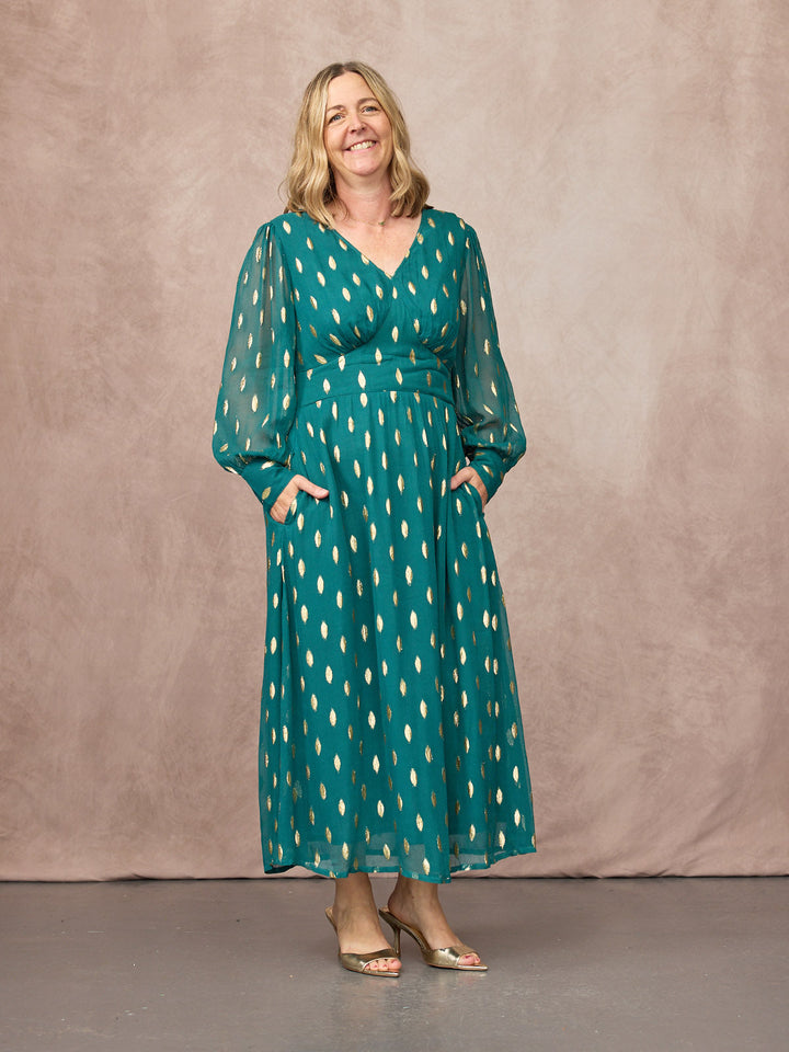 Loulou V-Neck Long Sleeve Lurex Dress - Teal & Gold