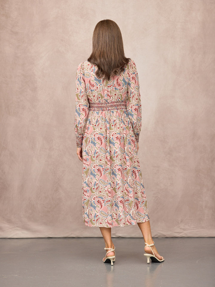 Hatty Contrast Shirring Dress - Multi Paisley Print