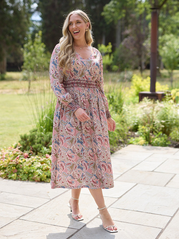 Hatty Contrast Shirring Dress - Multi Paisley Print