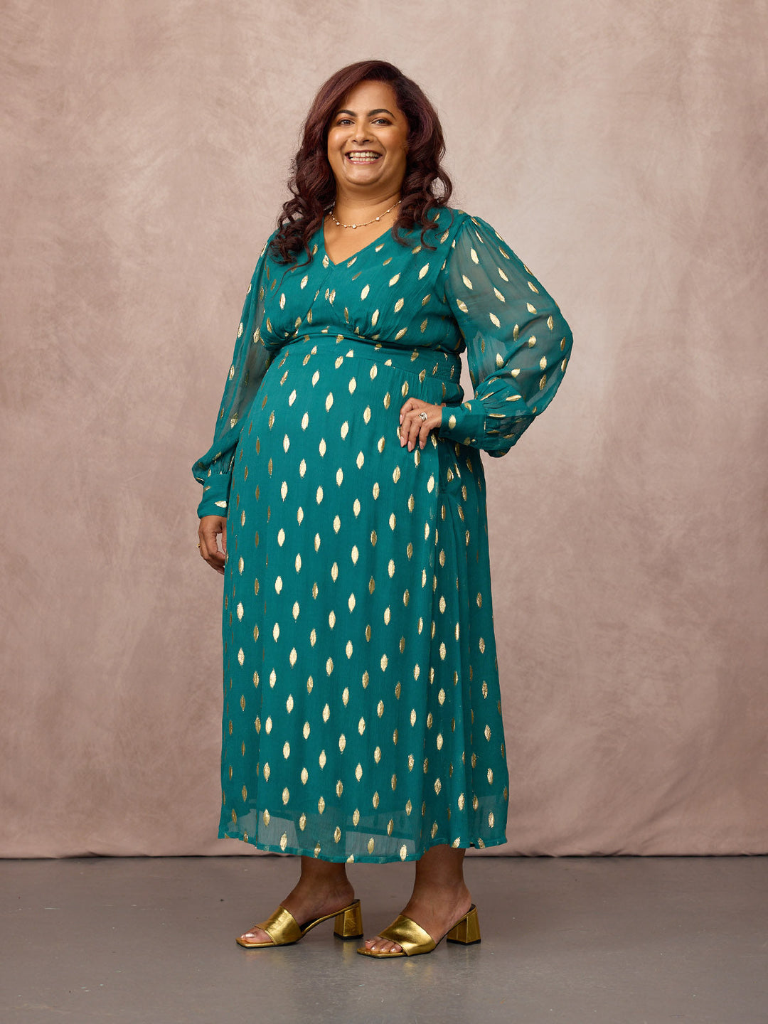 Loulou V-Neck Long Sleeve Lurex Dress - Teal & Gold