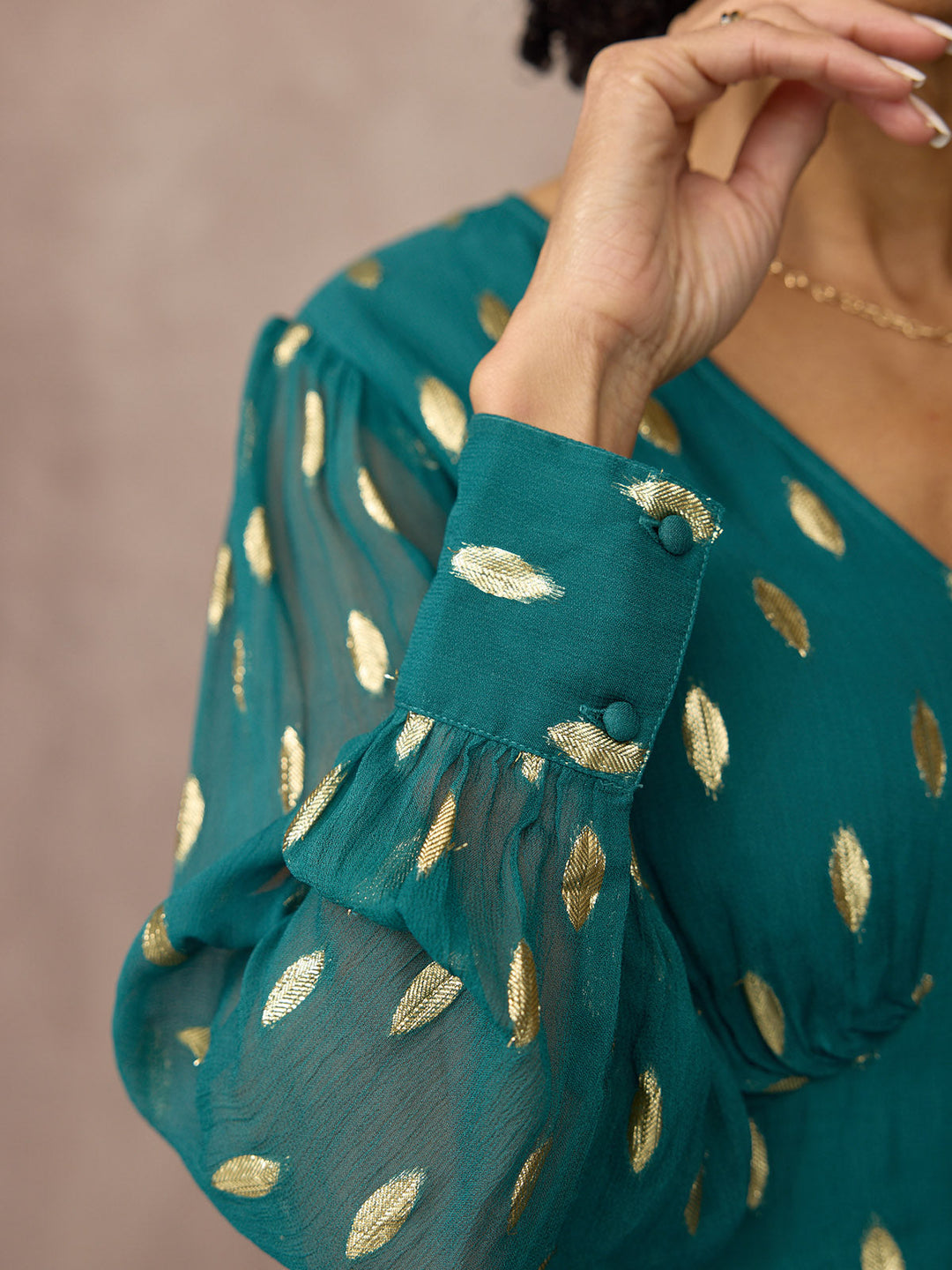 Loulou V-Neck Long Sleeve Lurex Dress - Teal & Gold