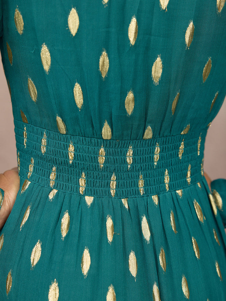 Loulou V-Neck Long Sleeve Lurex Dress - Teal & Gold