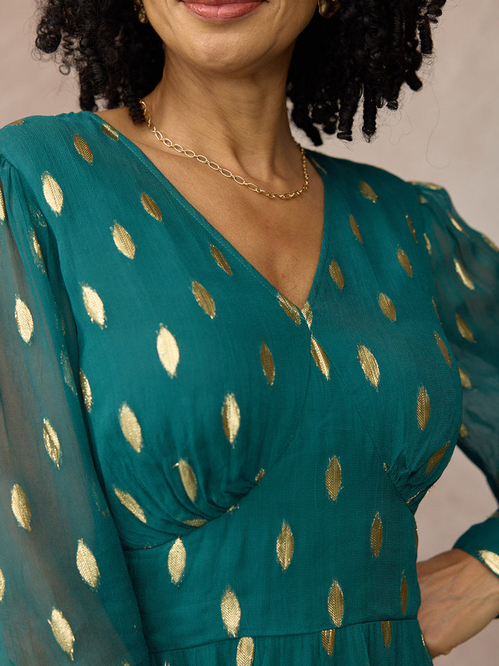 Loulou V-Neck Long Sleeve Lurex Dress - Teal & Gold