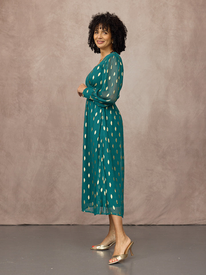 Loulou V-Neck Long Sleeve Lurex Dress - Teal & Gold
