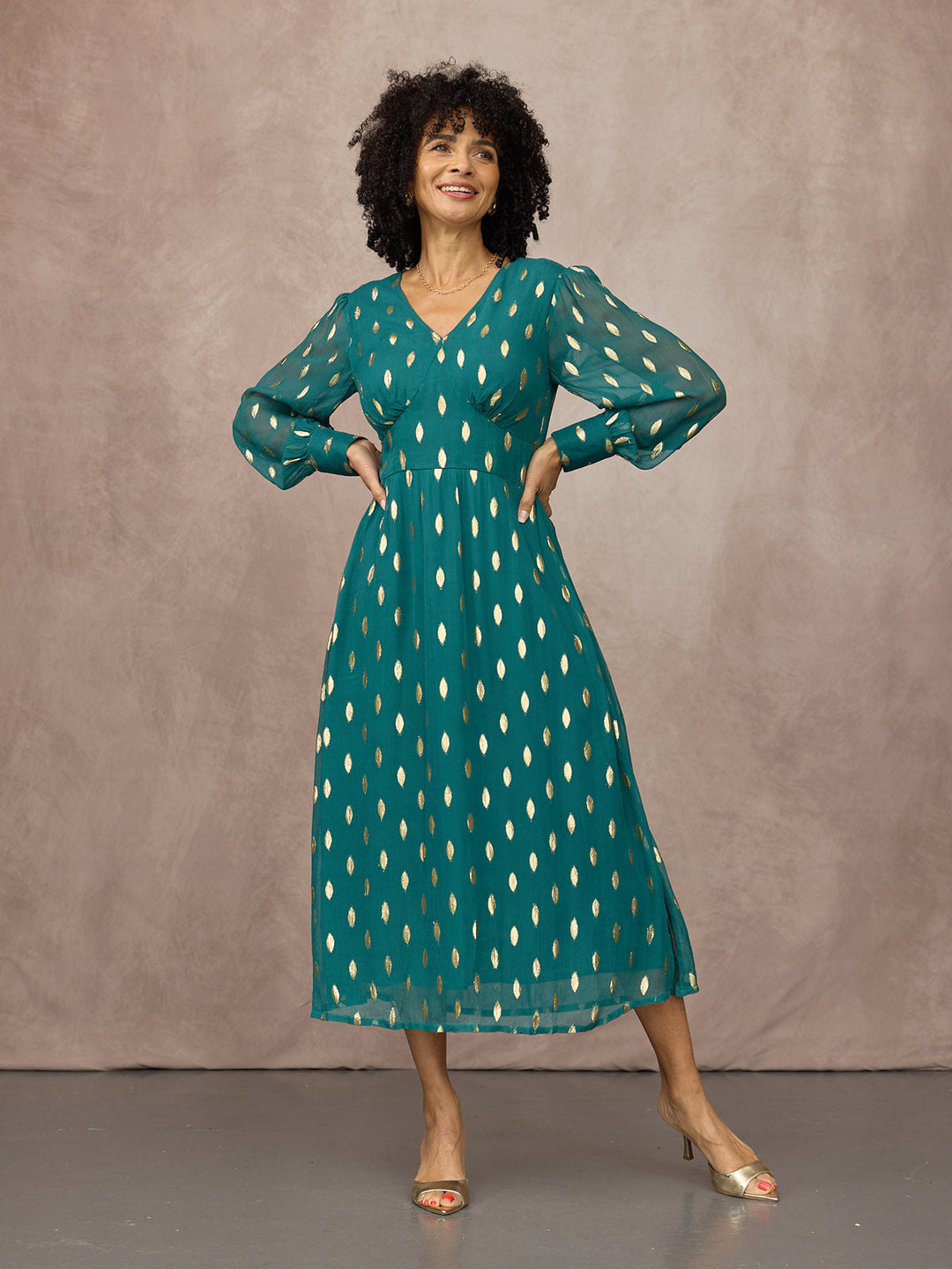 Loulou V-Neck Long Sleeve Lurex Dress - Teal & Gold