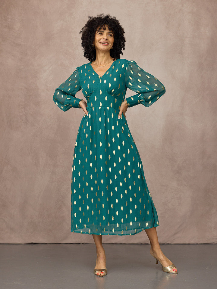 Loulou V-Neck Long Sleeve Lurex Dress - Teal & Gold