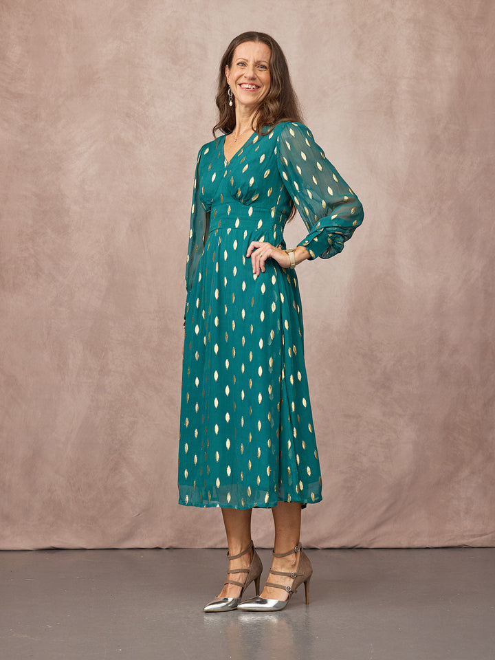 Loulou V-Neck Long Sleeve Lurex Dress - Teal & Gold