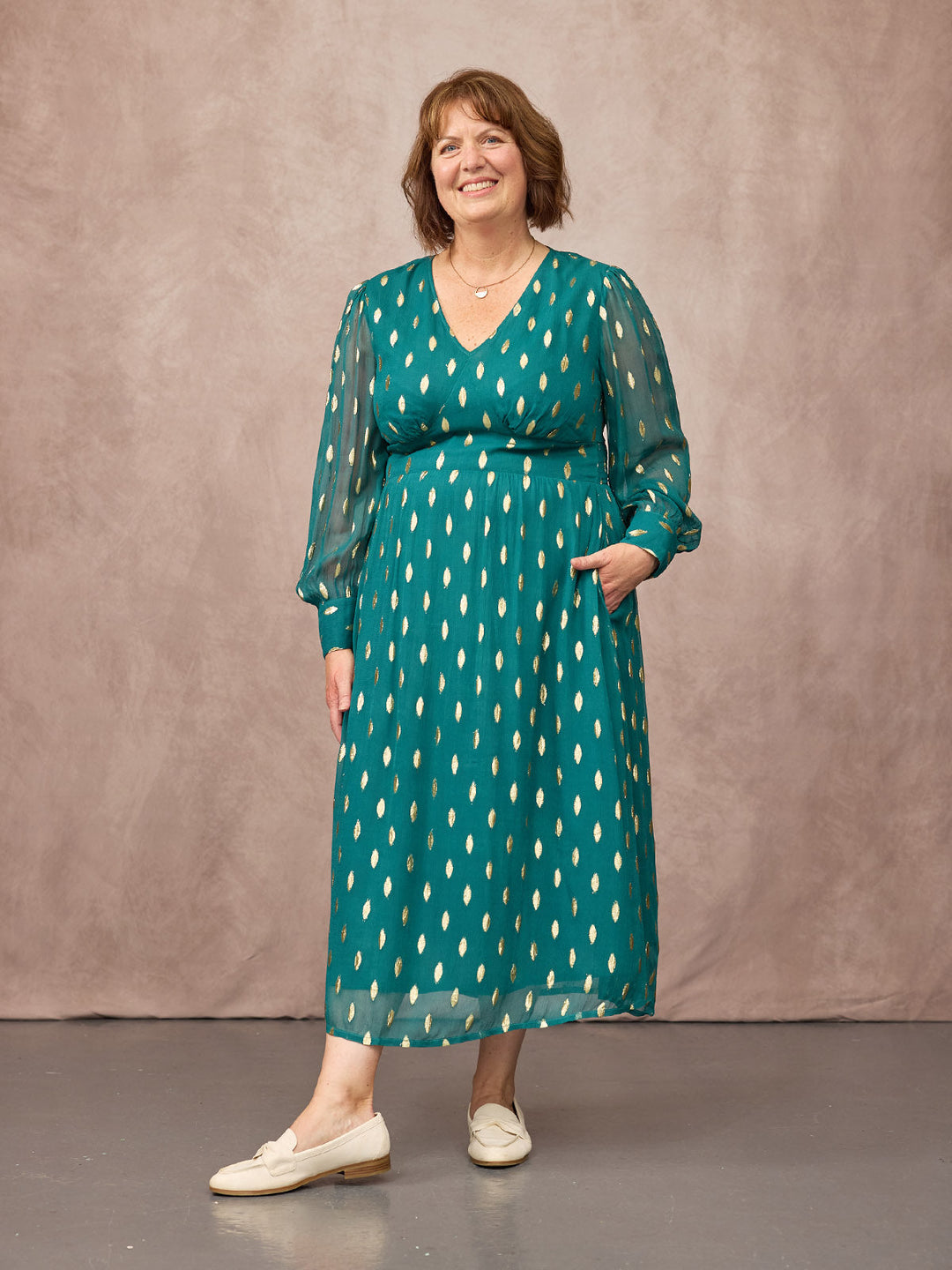 Loulou V-Neck Long Sleeve Lurex Dress - Teal & Gold