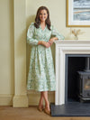 May Long Sleeve Shirred Neckline Dress - Green & White Watercolour Floral Print