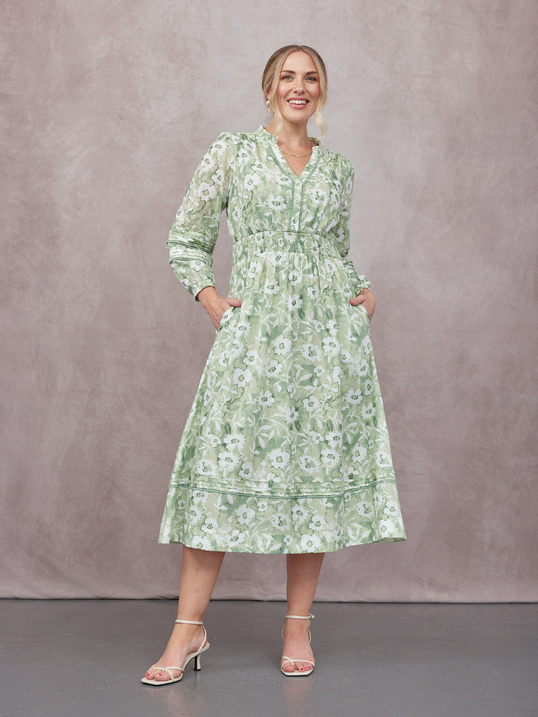 May Long Sleeve Shirred Neckline Dress - Green & White Watercolour Floral Print