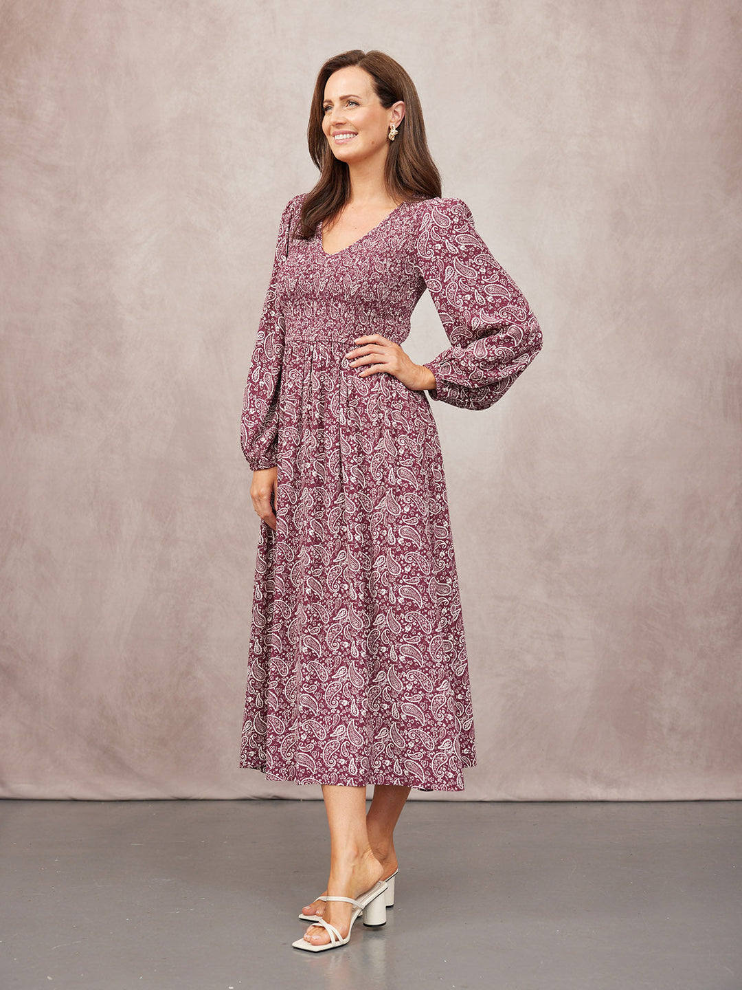Gillian Shirred Bodice Dress - Maroon Paisley Print
