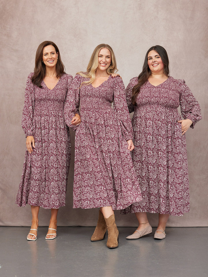 Gillian Shirred Bodice Dress - Maroon Paisley Print