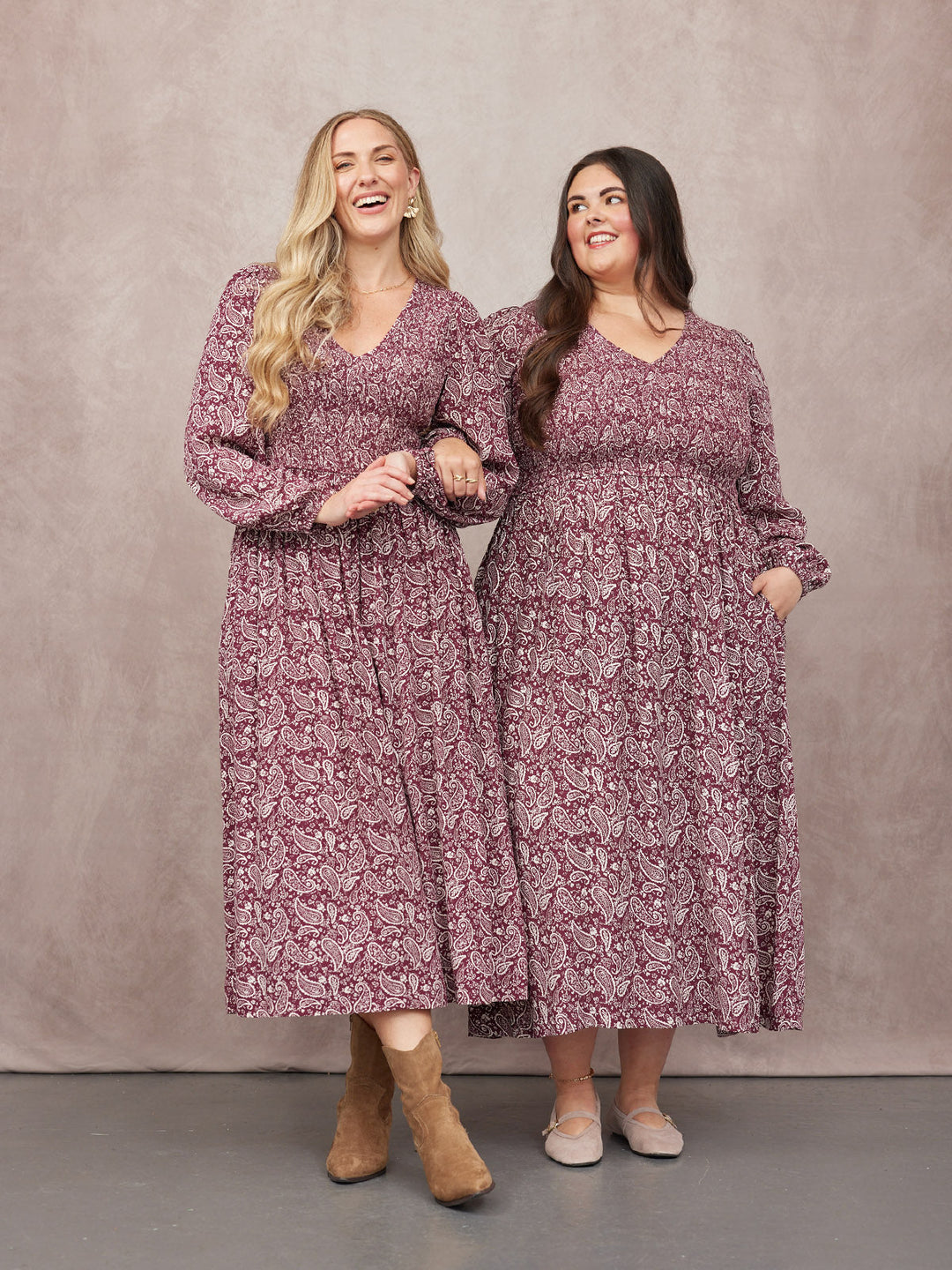 Gillian Shirred Bodice Dress - Maroon Paisley Print