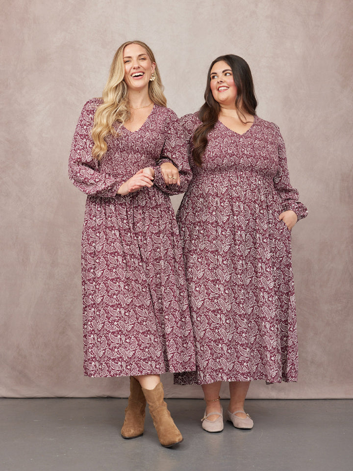 Gillian Shirred Bodice Dress - Maroon Paisley Print