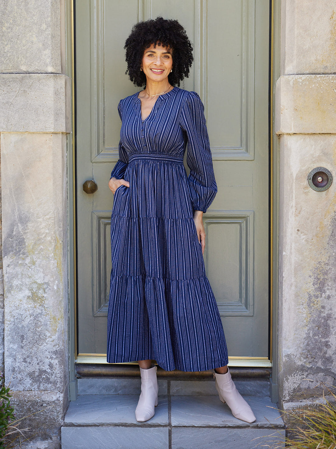 Alicia Long Sleeve Tiered Stripe Dress - Navy & White