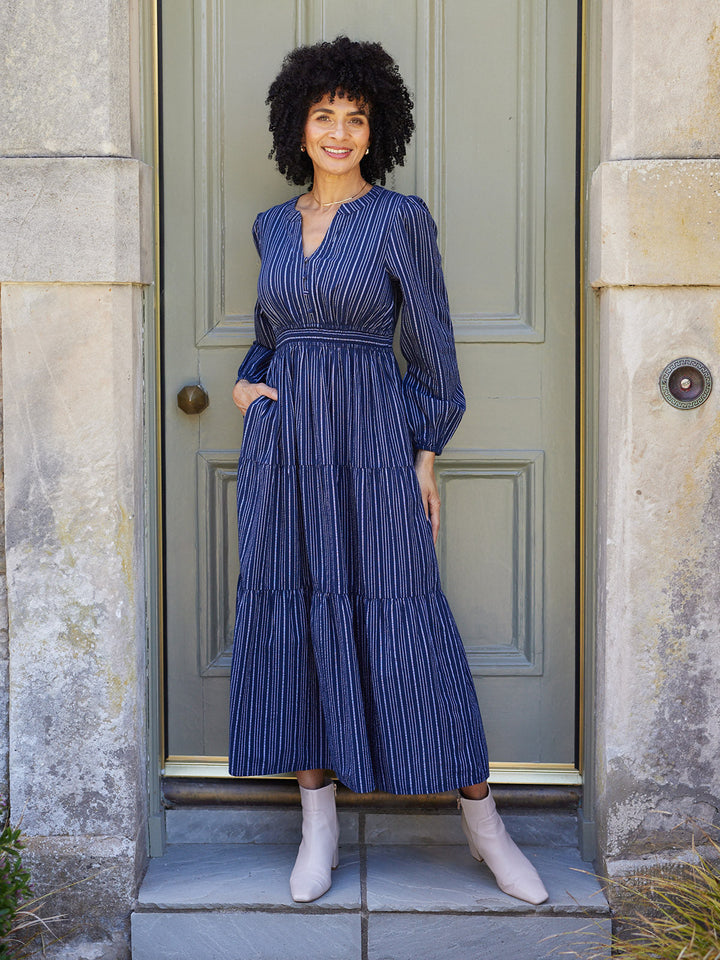 Alicia Long Sleeve Tiered Stripe Dress - Navy & White