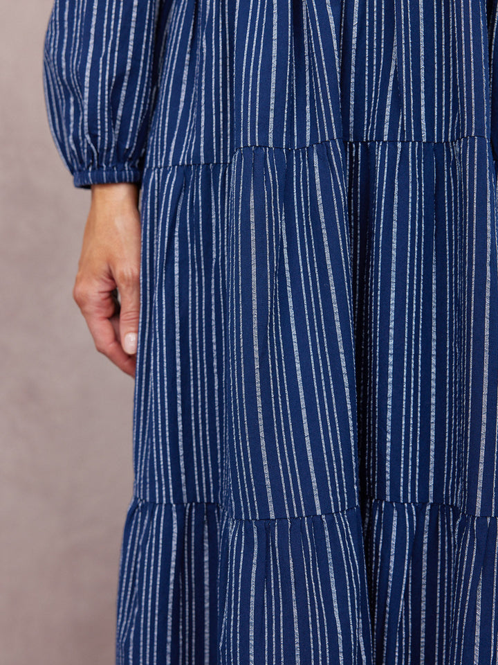Alicia Long Sleeve Tiered Stripe Dress - Navy & White