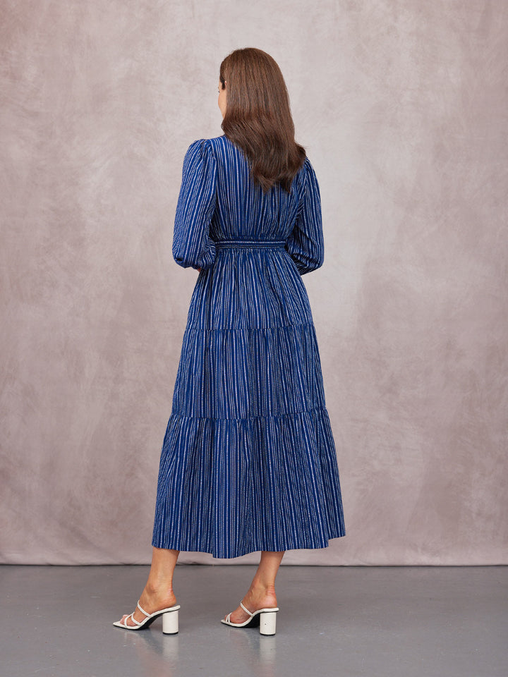 Alicia Long Sleeve Tiered Stripe Dress - Navy & White