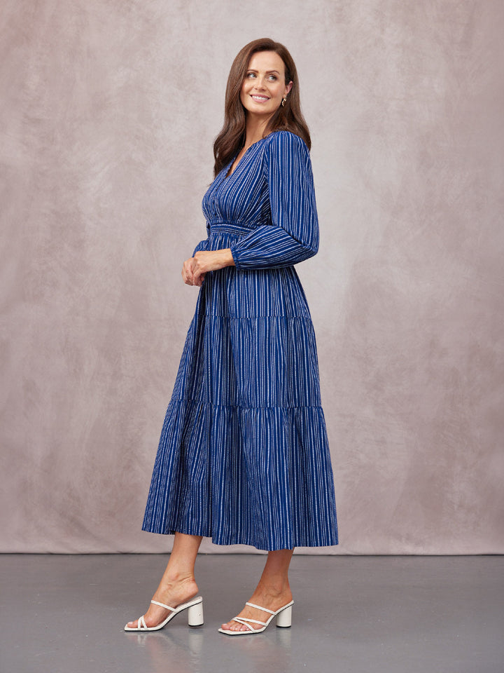 Alicia Long Sleeve Tiered Stripe Dress - Navy & White