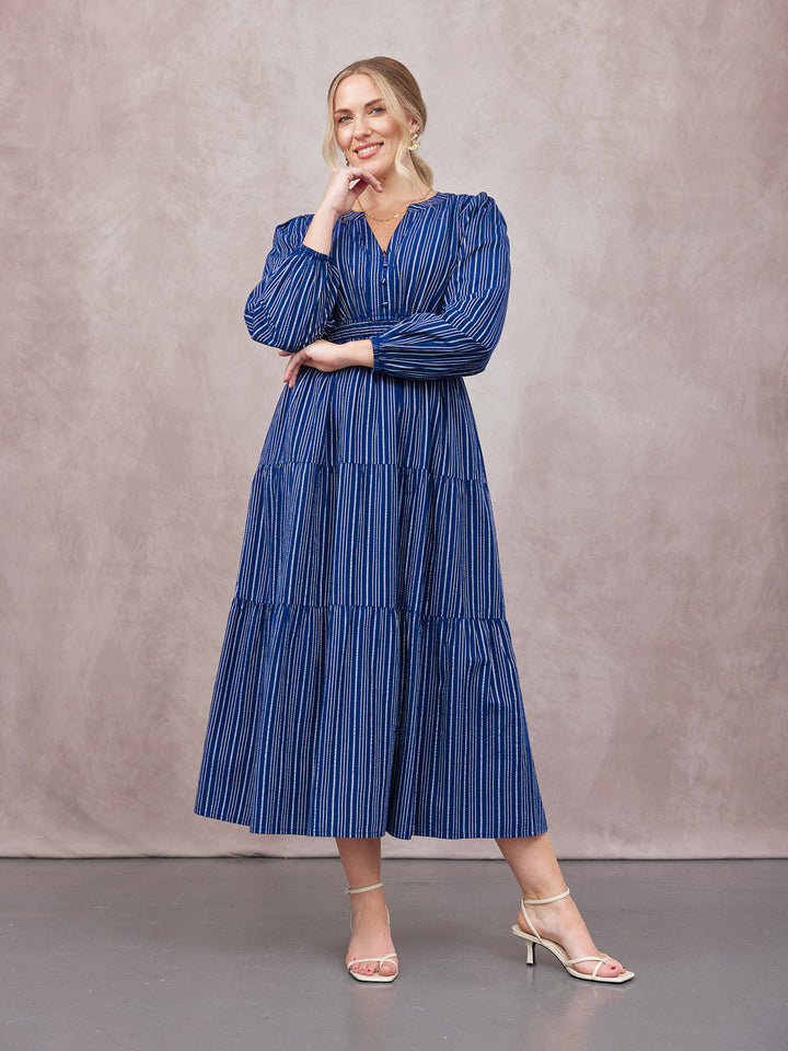 Alicia Long Sleeve Tiered Stripe Dress - Navy & White