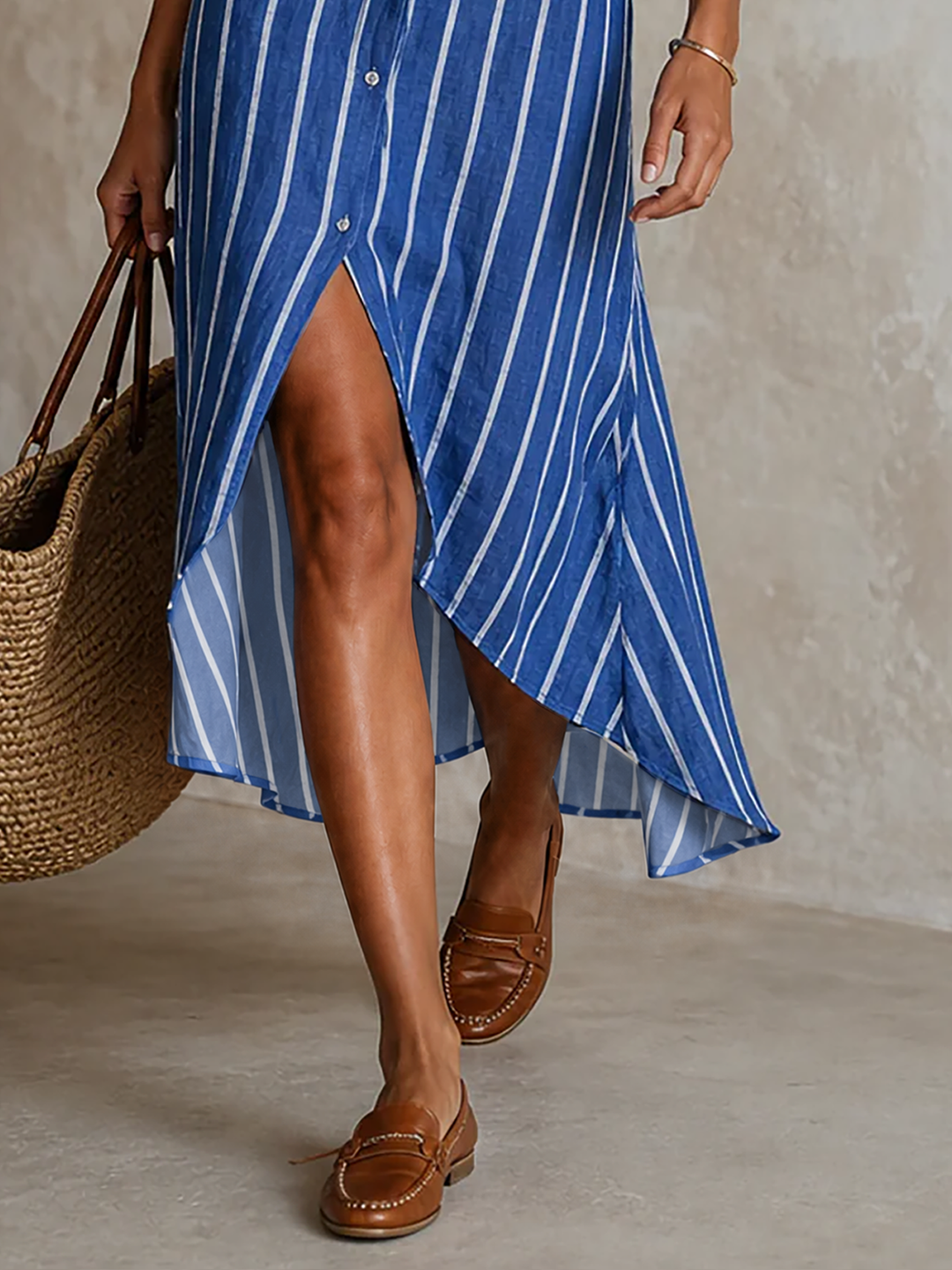 Women's Minimalist Striped Single-Breasted Long-Sleeve Midi Dress