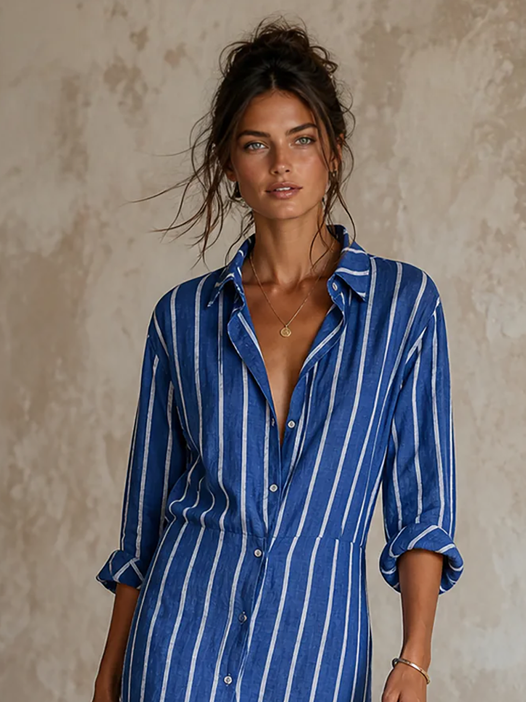 Women's Minimalist Striped Single-Breasted Long-Sleeve Midi Dress