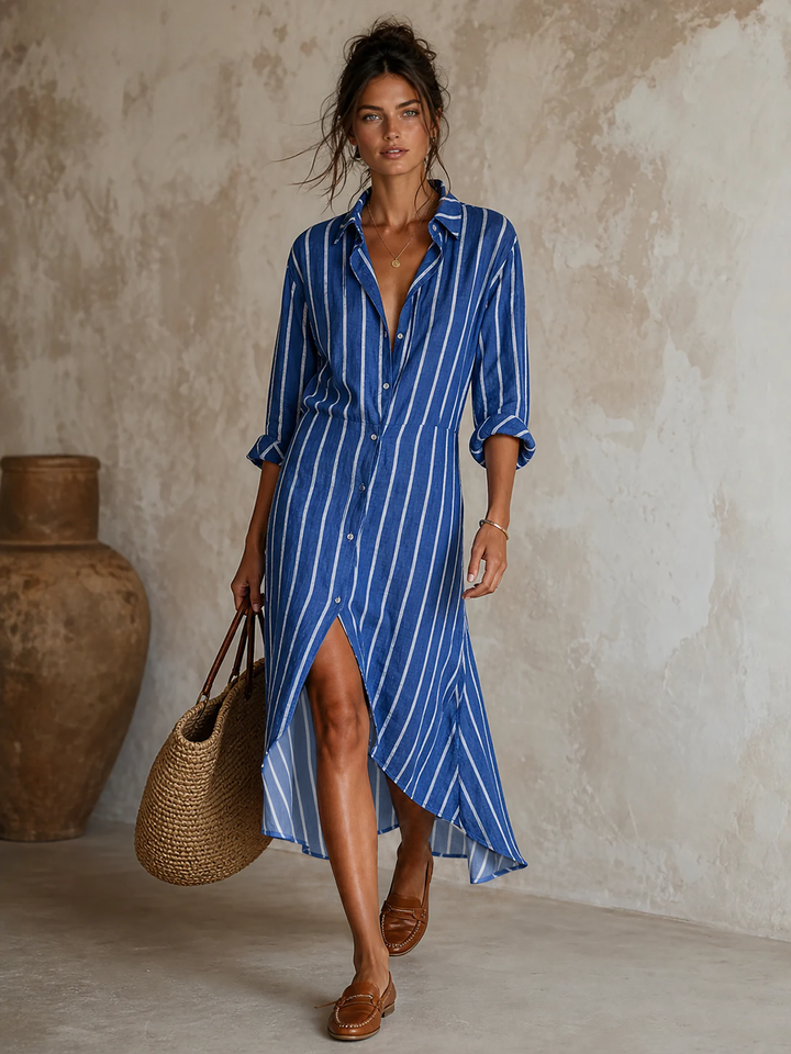 Women's Minimalist Striped Single-Breasted Long-Sleeve Midi Dress