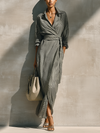 Women's Grey White Vertical Stripe Cotton Blend Collared Wrap Tie Waist Side Pocket Maxi Shirt Dress MDZ1451G8YZJ