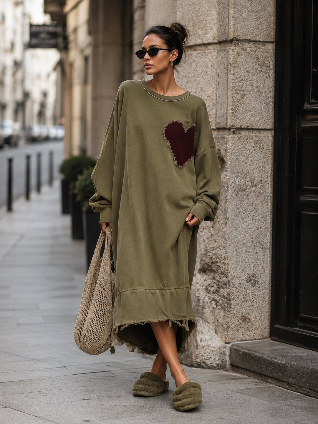 Women’s Oversized Olive Heart Patch Sweatshirt Dress – Relaxed Casual Midi Dress