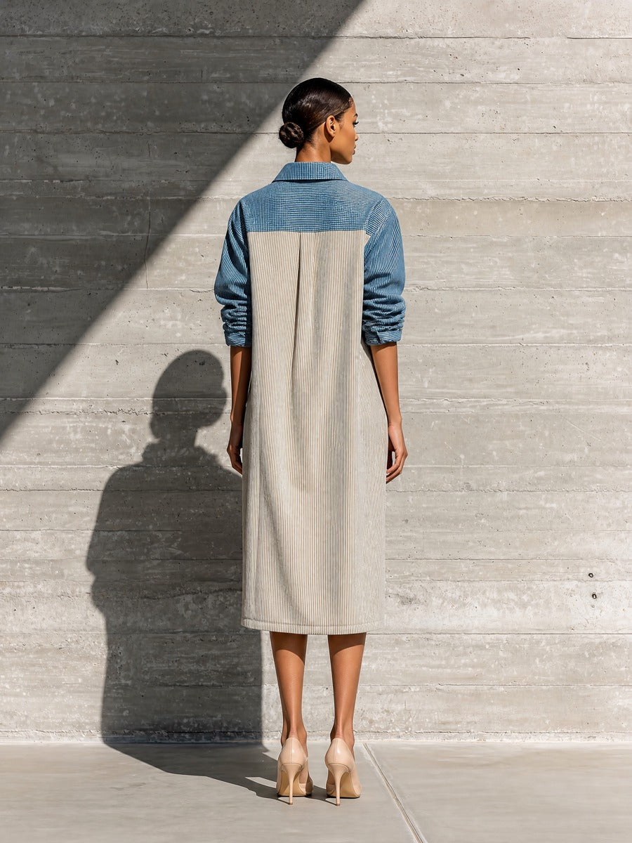 Women's Long Sleeve Colorblock Blue Beige Dress