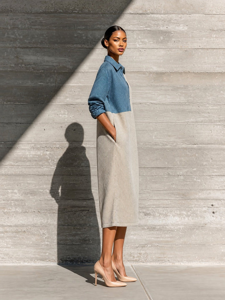 Women's Long Sleeve Colorblock Blue Beige Dress