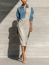 Women's Long Sleeve Colorblock Blue Beige Dress