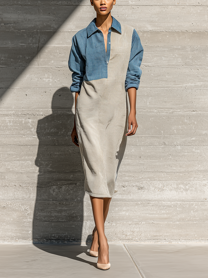 Women's Long Sleeve Colorblock Blue Beige Dress