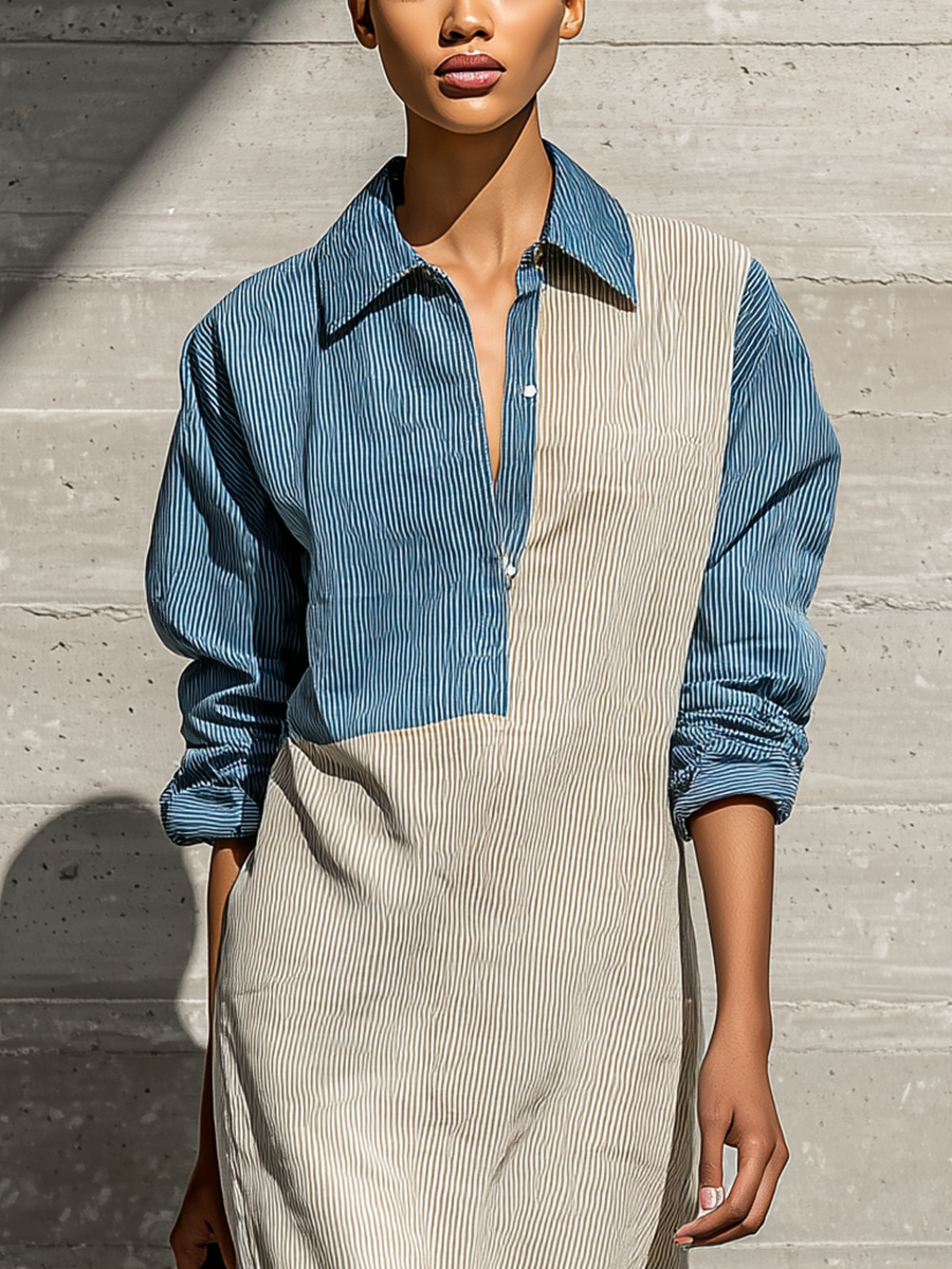 Women's Long Sleeve Colorblock Blue Beige Dress