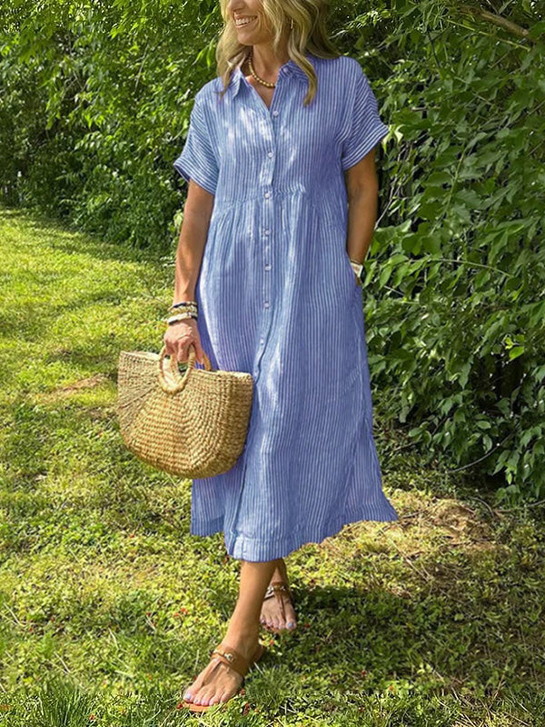 Striped Lapel Button Down Shirt Dress