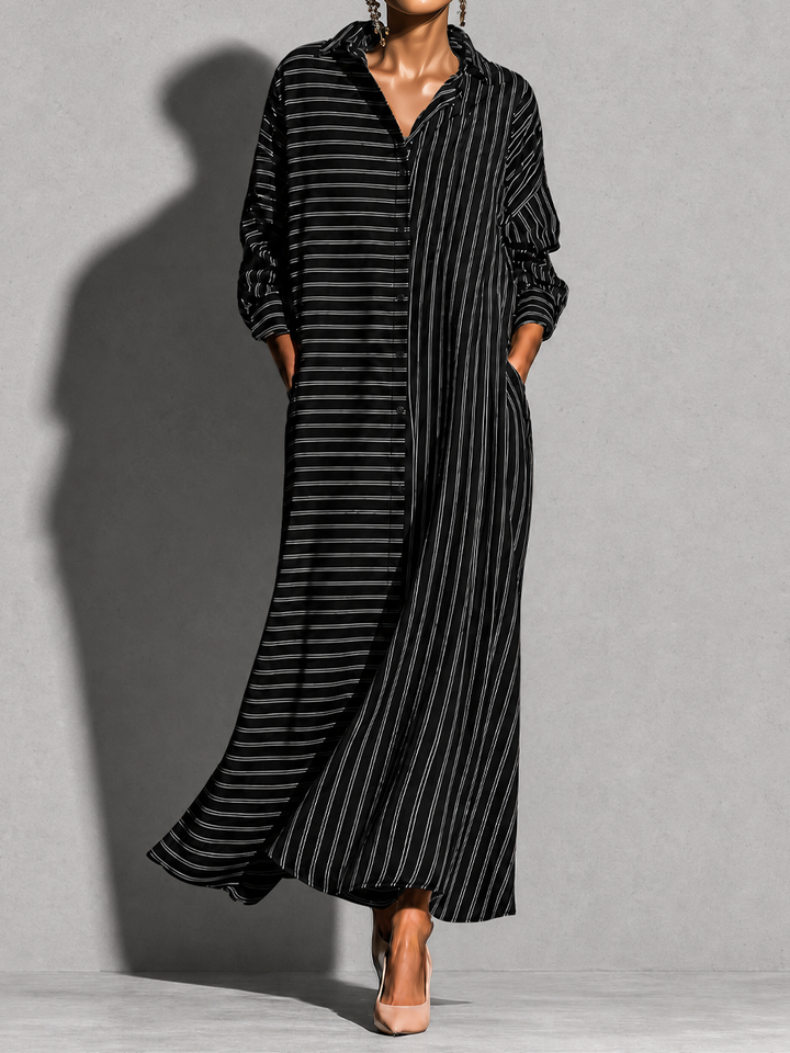 Women's Striped Long Sleeve Button-Up Shirt Maxi Dress