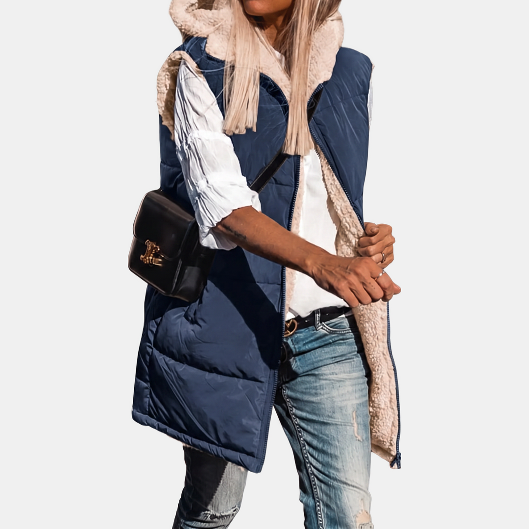 Women's Reversible Sherpa Fleece Sleeveless Hooded Zip Up Vest