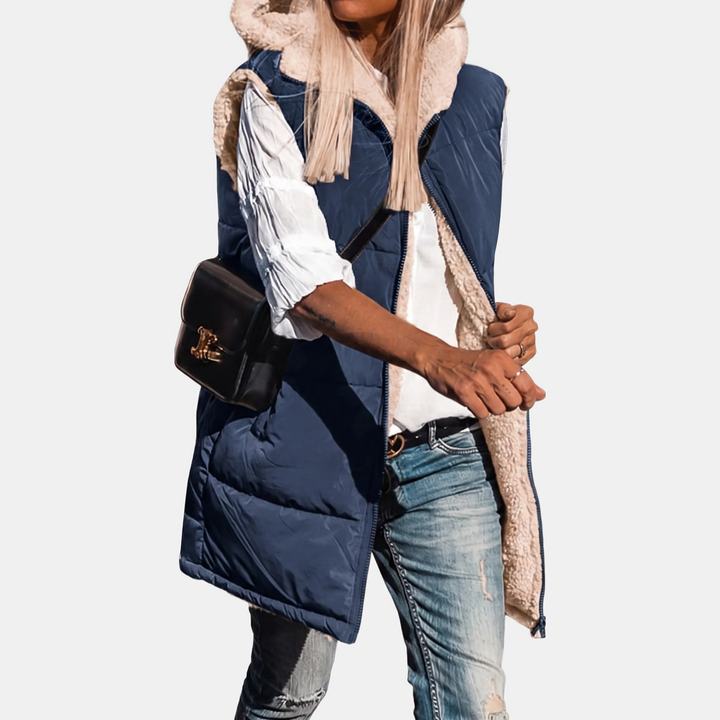 Women's Reversible Sherpa Fleece Sleeveless Hooded Zip Up Vest
