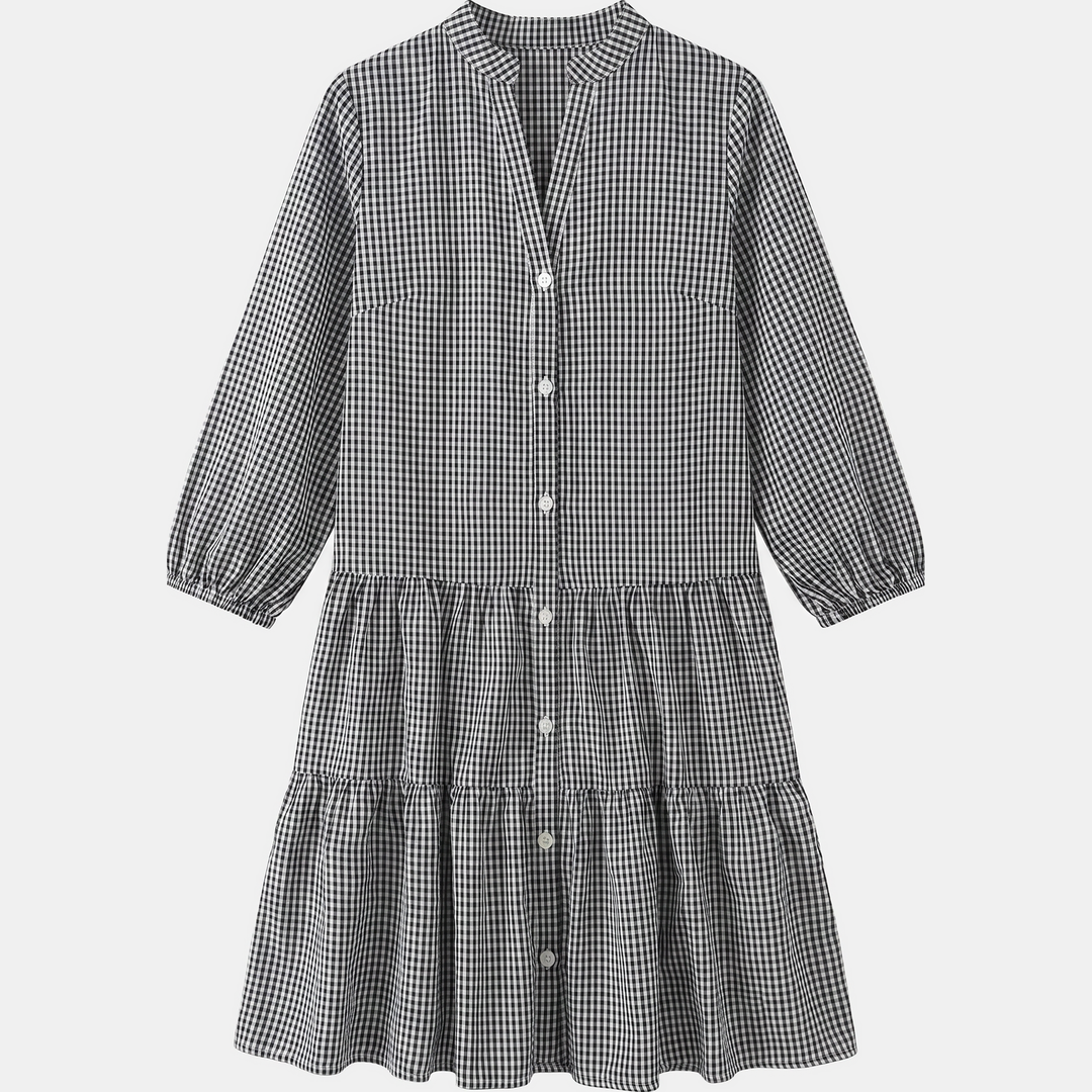 Women's Button Down Plaid 3/4 Puff Sleeve Loose Casual Midi Dress with Pockets