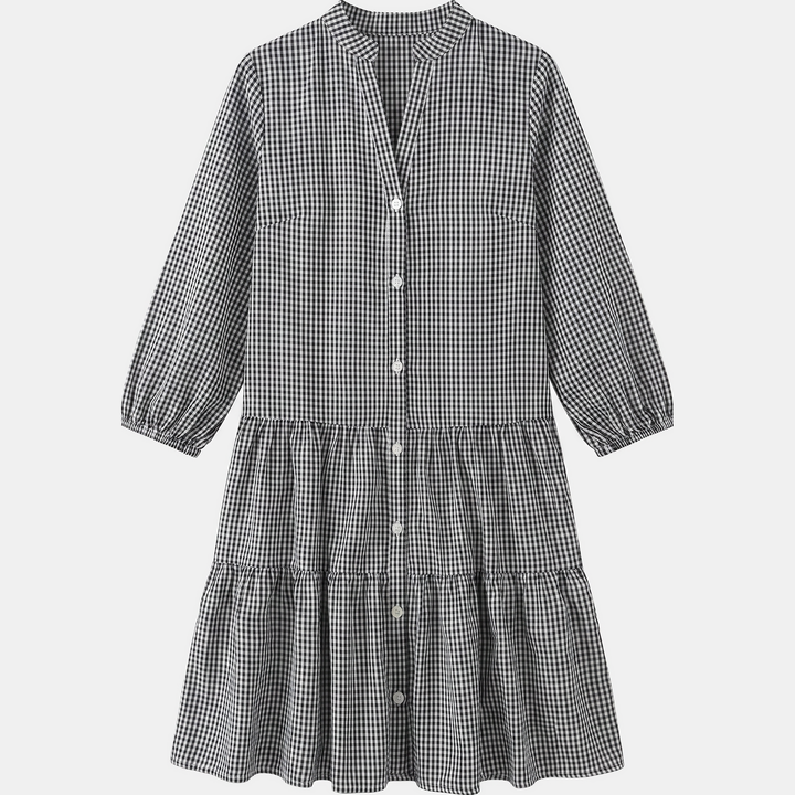 Women's Button Down Plaid 3/4 Puff Sleeve Loose Casual Midi Dress with Pockets