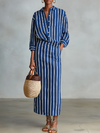 Women's Royal Blue White Stripe Cotton-Blend Co-Ord With Button Front Blouse & Elastic Waist Straight Maxi Skirt, Effortless-Chic Summer Daily Outfit