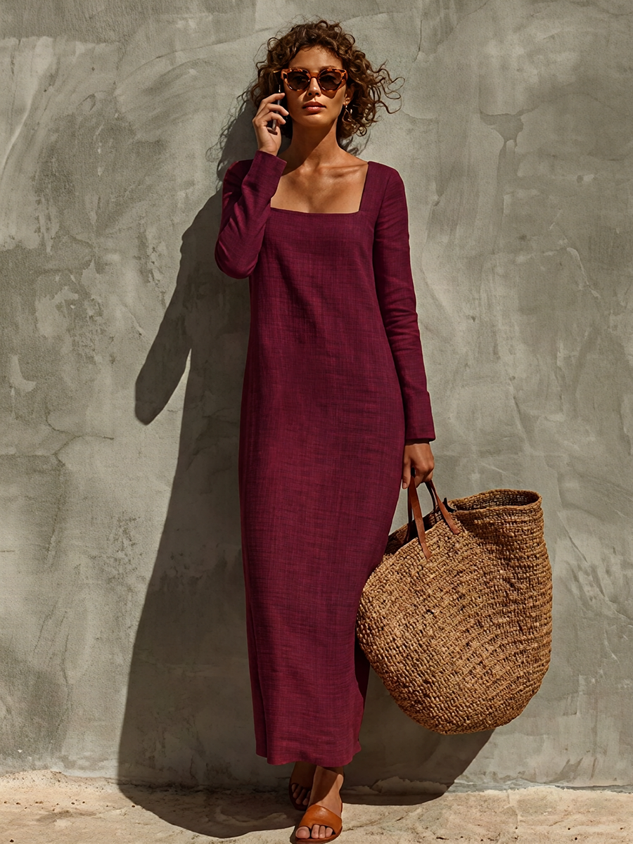 Women's Minimalist Solid Linen Holiday Square Neck Long Sleeve Dress
