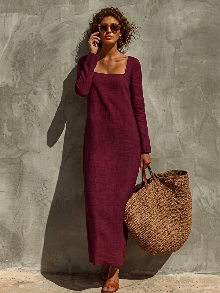 Women's Minimalist Solid Linen Holiday Square Neck Long Sleeve Dress