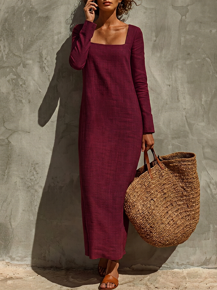 Women's Minimalist Solid Linen Holiday Square Neck Long Sleeve Dress