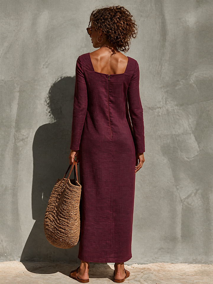 Women's Minimalist Solid Linen Holiday Square Neck Long Sleeve Dress