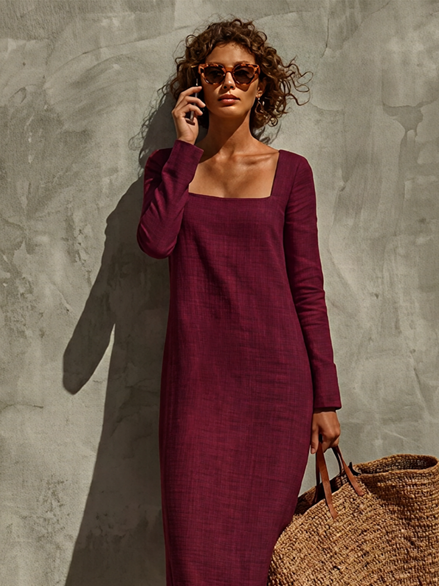 Women's Minimalist Solid Linen Holiday Square Neck Long Sleeve Dress