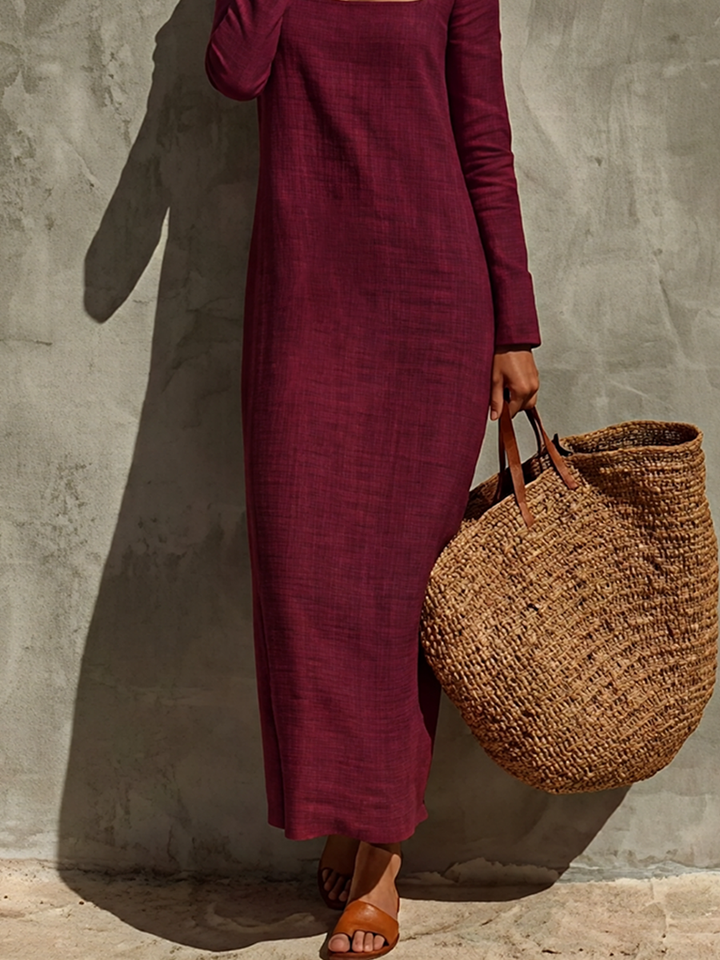 Women's Minimalist Solid Linen Holiday Square Neck Long Sleeve Dress