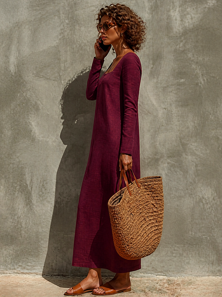 Women's Minimalist Solid Linen Holiday Square Neck Long Sleeve Dress