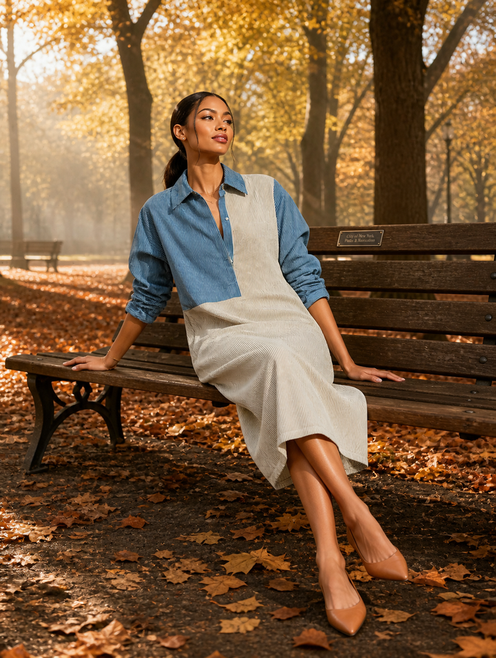 Women's Long Sleeve Colorblock Blue Beige Dress