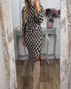 ROXANNE | GEOMETRIC PRINT RUCHED MIDI DRESS WITH SLIT